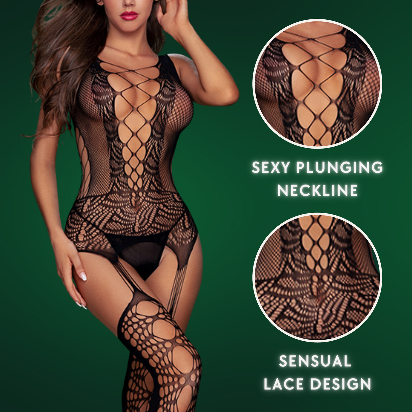 Womens Sexy Lingerie - Deep V Neck Fishnet Crotchless Bodystocking