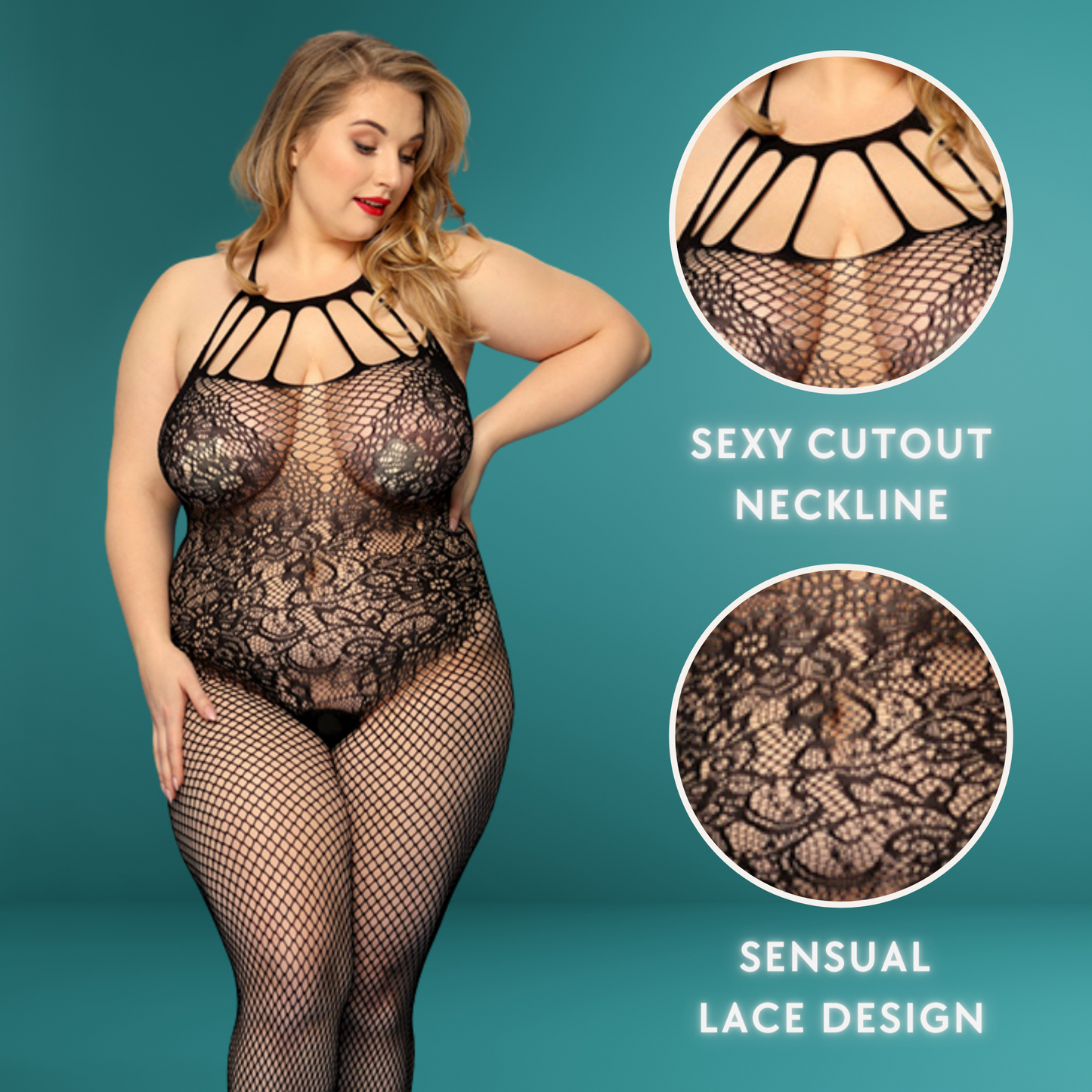 Womens Plus Size Sexy Lingerie - Fishnet Crotchless Bodystocking