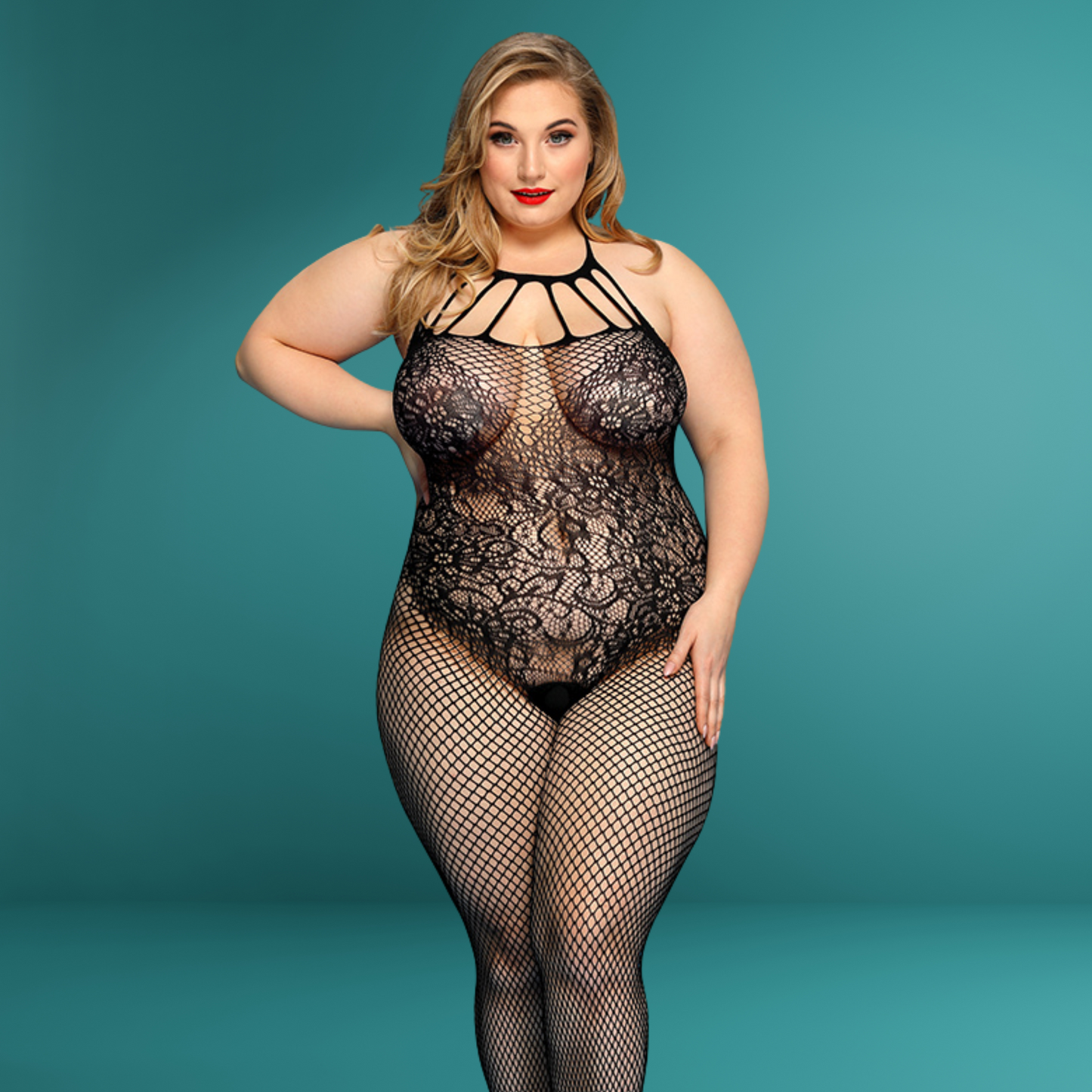 Womens Plus Size Sexy Lingerie - Fishnet Crotchless Bodystocking