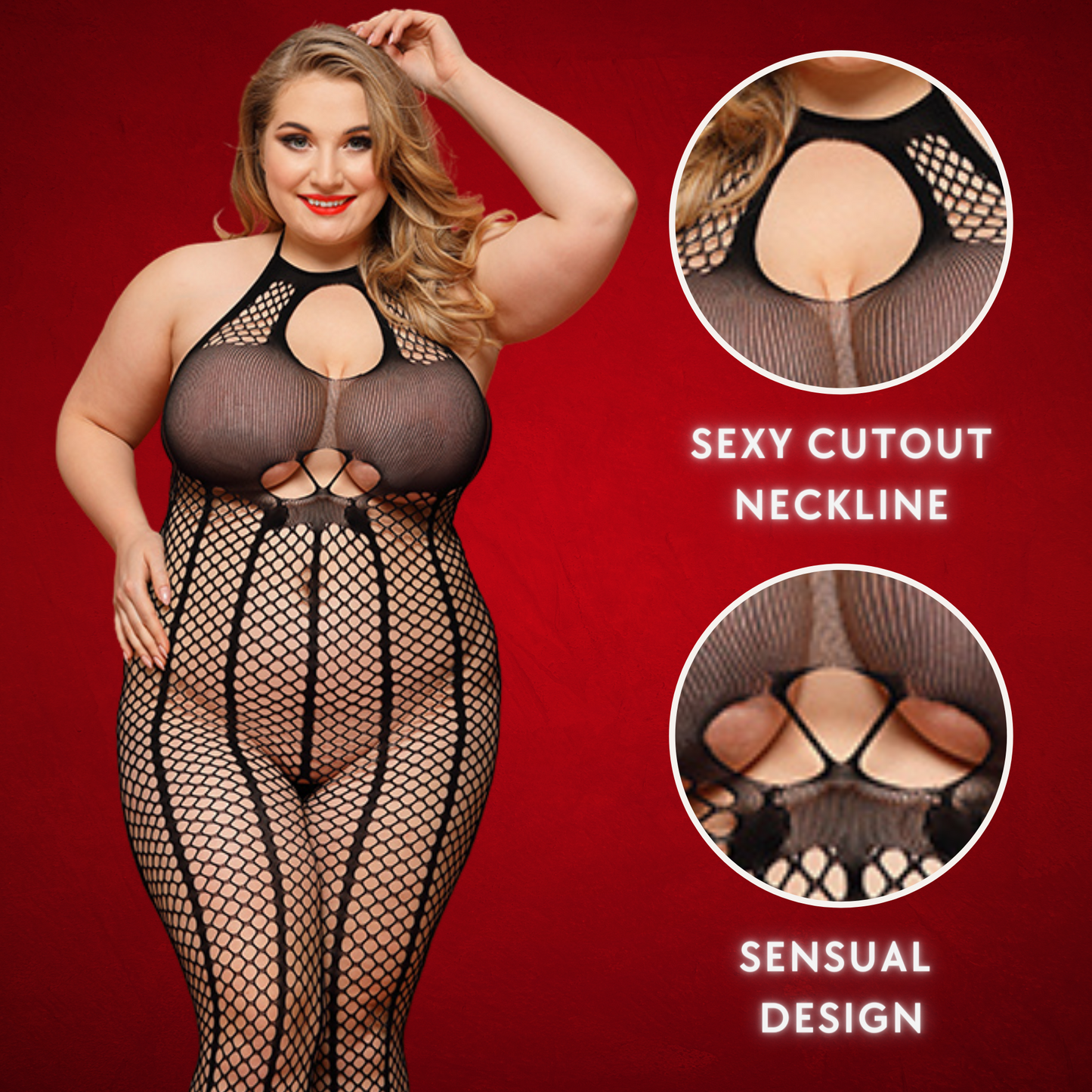 Womens Plus Size Sexy Lingerie - Fishnet Crotchless Bodystocking